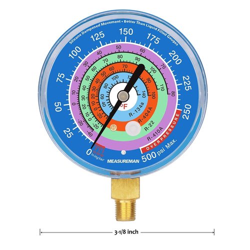 Measureman Refrigeration Pressure Gauge Kit, 3-1/8" Dial, Blue Dial & Red Dial, 1/8" NPT Lower Mount, 30inHg-0-250psi, 250-500psi & 0-800psi