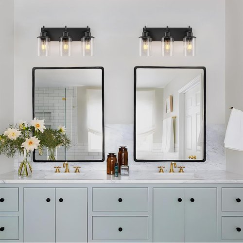 Lanhall 3-Light Black Bathroom Light Fixture Over Mirror Modern Farmhouse Bathroom Vanity Light Vintage Wall Lighting with Clear Glass Shade for Bathroom, Bedroom, Hallway, Cabinet