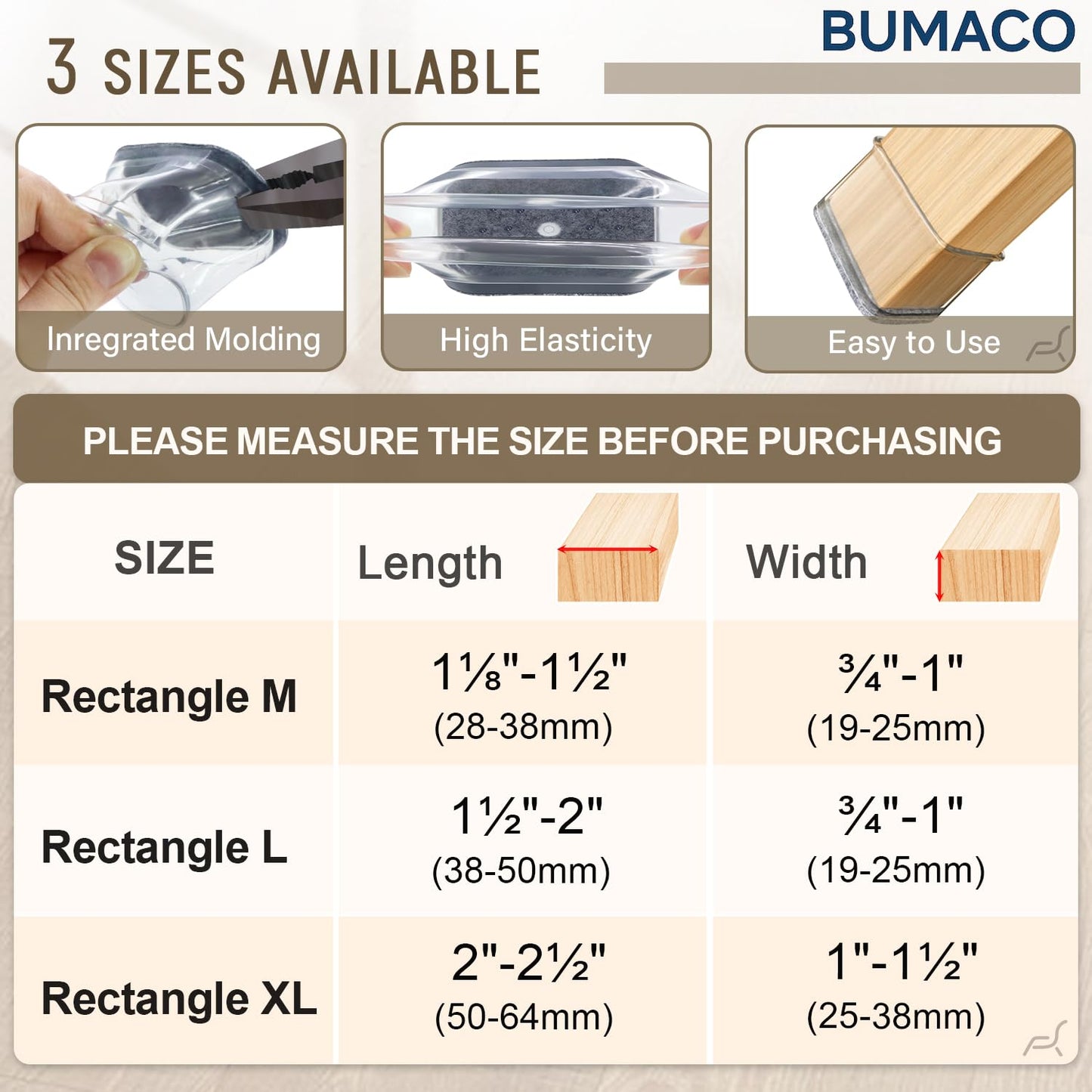 BUMACO Chair Leg Floor Protectors Rectangle Chair Leg Protectors for Hardwood Floors Silicone Pads Covers to Protect Floors(Clear-20 Pcs, Rectangle L (Fit L:1-1/2” ~ 2”,W:3/4”~1”)