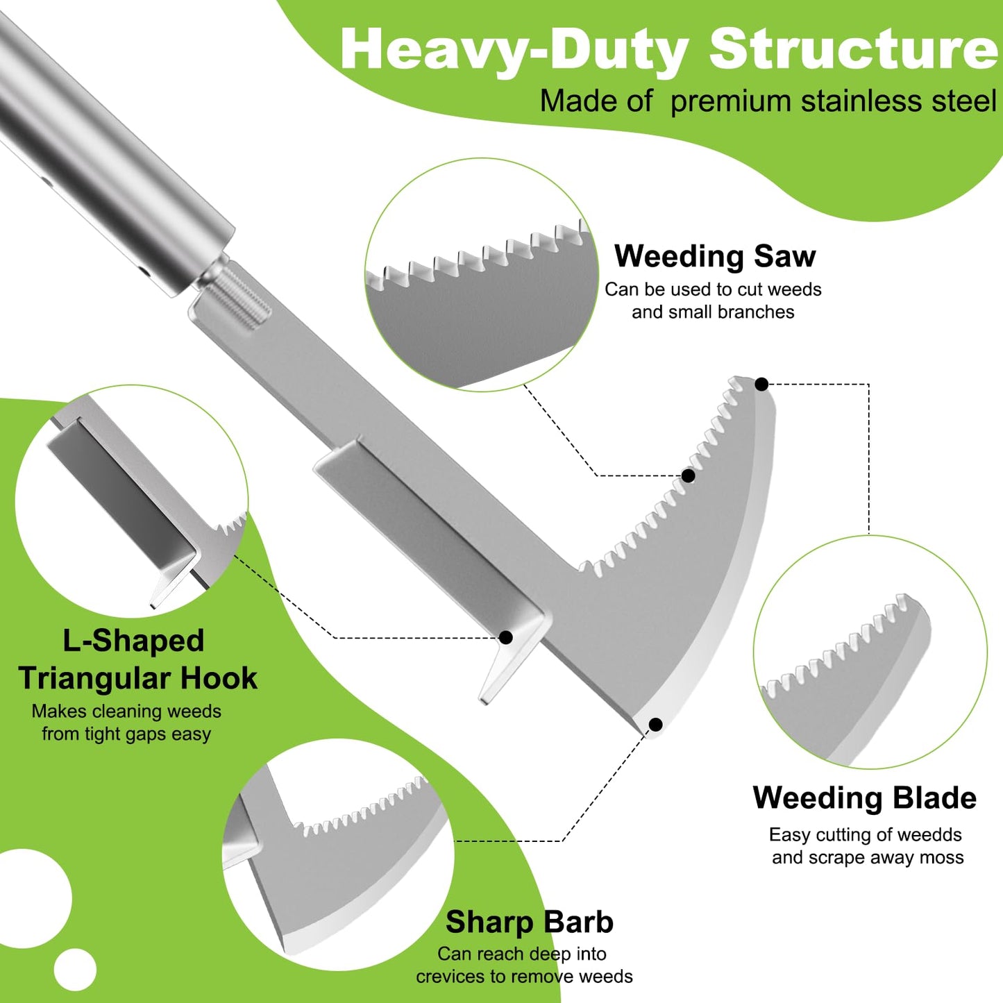 Crack Weeder, Stainless Steel Crevice Weeding Tool with 22'' to 64'' Adjustable Long Handle, L-Shaped Manual Weed Puller Spatula, Weed Remover Gardening Tool for Sidewalks Driveways Patio Pavers Rocks