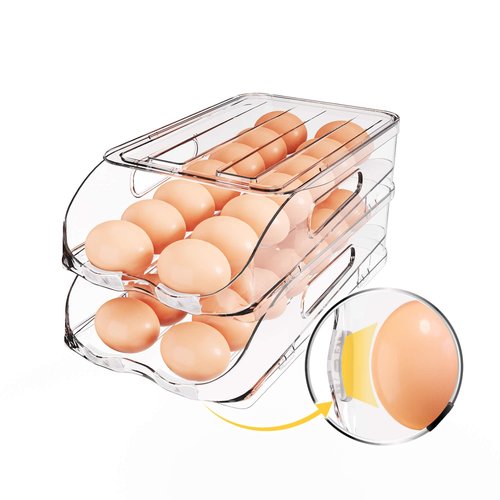 SMRCAD Egg Holder for Fridge, Automatic Steady Rolling Egg Container with Soft Bumpers & Handle for Refrigerator, Stackable Fridge Organizers and Storage with Lid