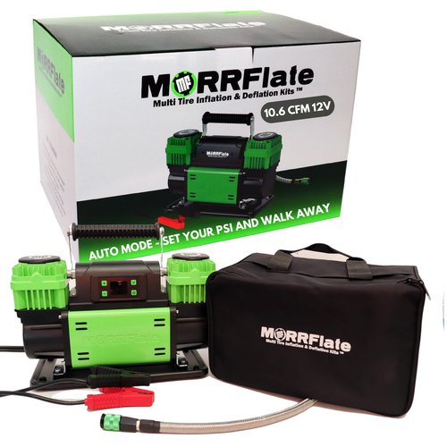MORRFlate TenSix PSI Pro 10.6 CFM 12V Portable Dual Cylinder Offroad Air Compressor | PSI Pro Technology Set Your PSI and Walk Away | 4FT Stainless Steel Hose | Includes Carry Bag and Gloves