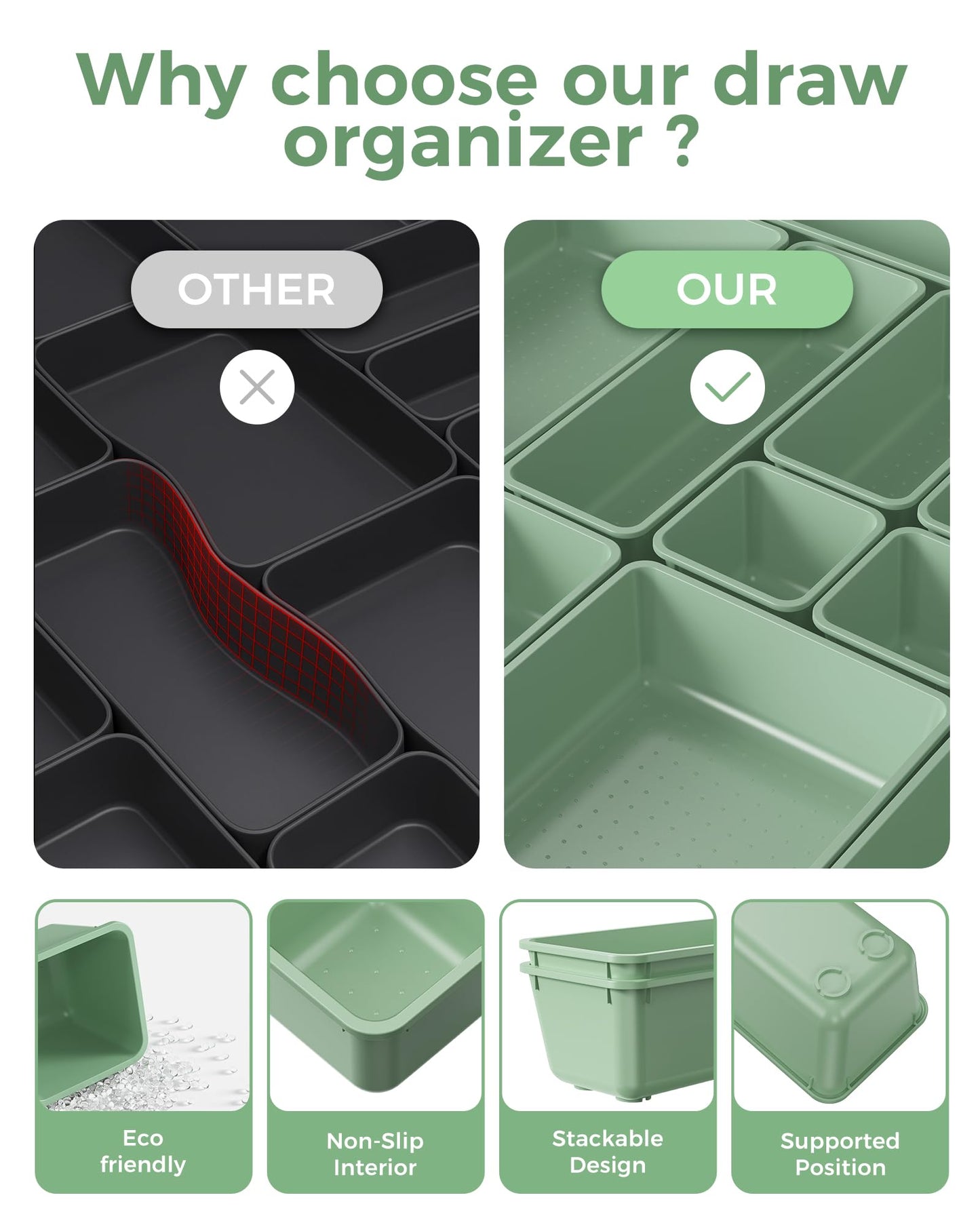 BiuLeon 25 PCS Plastic Drawer Organizers Set, 4-Sizes Vanity and Makeup Organizer, Desk and bathroom Drawer Organizer Trays, Organizers and Storage for Makeup, Jewelry, Gadgets, Utensils (Green)