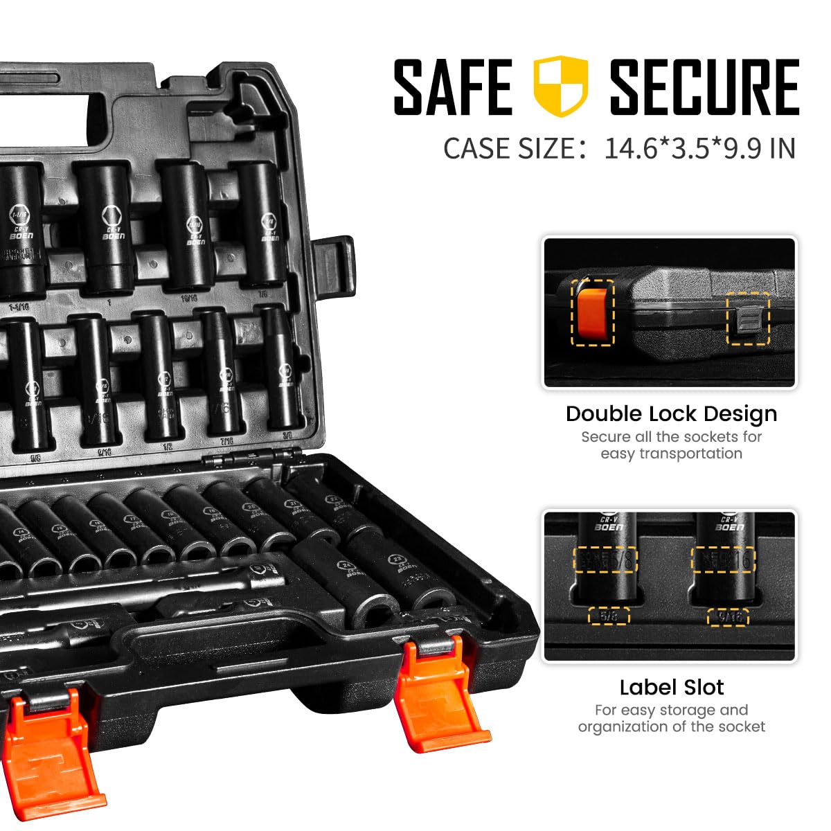 BOEN 35-Piece 1/2" Drive Deep Impact Socket Set - SAE 3/8"-1-1/4" & Metric 8-24mm, Extensions, Joint & Adapter, Cr-V Steel, Double Lock Case