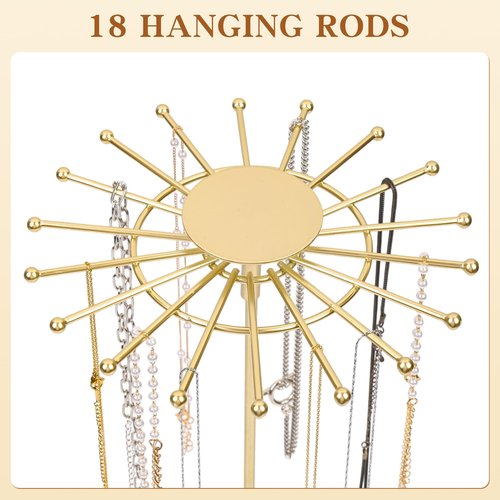 AmaQueen Rotating Necklace Hanger Organizer Tree with Jewelry Tray, Gold Spinning Necklace Chain Display Holder Stand Storage (Golden)
