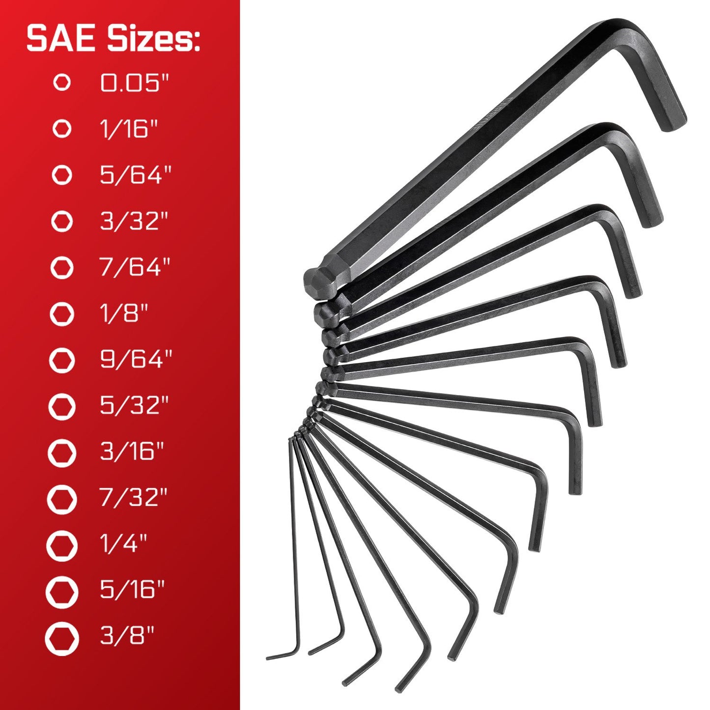 35-Piece Long Arm Ball End Hex (Allen) Key Wrench Set, Metric, SAE and Torx Keys, S2 Steel, 1.27mm to 10mm, 0.05 to 3/8 in, and T10 to T50, for Automotive, Bicycle, Household and Furniture Repair