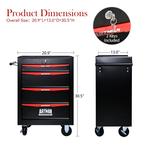 4 Drawers Tool Box With Wheels,Multifunctional Rolling Tool Box Tool Cart For Storage Garage, Workshop, Warehouse & Repair Shop (Black+Red(4 Drawer)