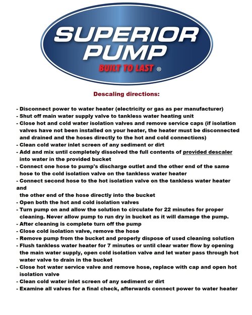 Superior Pump 91660 Tankless Water Heater Descaler Pump Kit with Non-toxic Descaler Solution, 3.5 Gallon, Deluxe