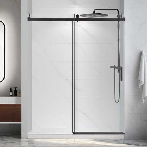 CARVMPIN 68-72" W x 76" H Single Sliding Shower Door with Soft-Close - Reversible 3/8" Tempered Glass & Frameless Design - Waterproof Threshold/Matte Black
