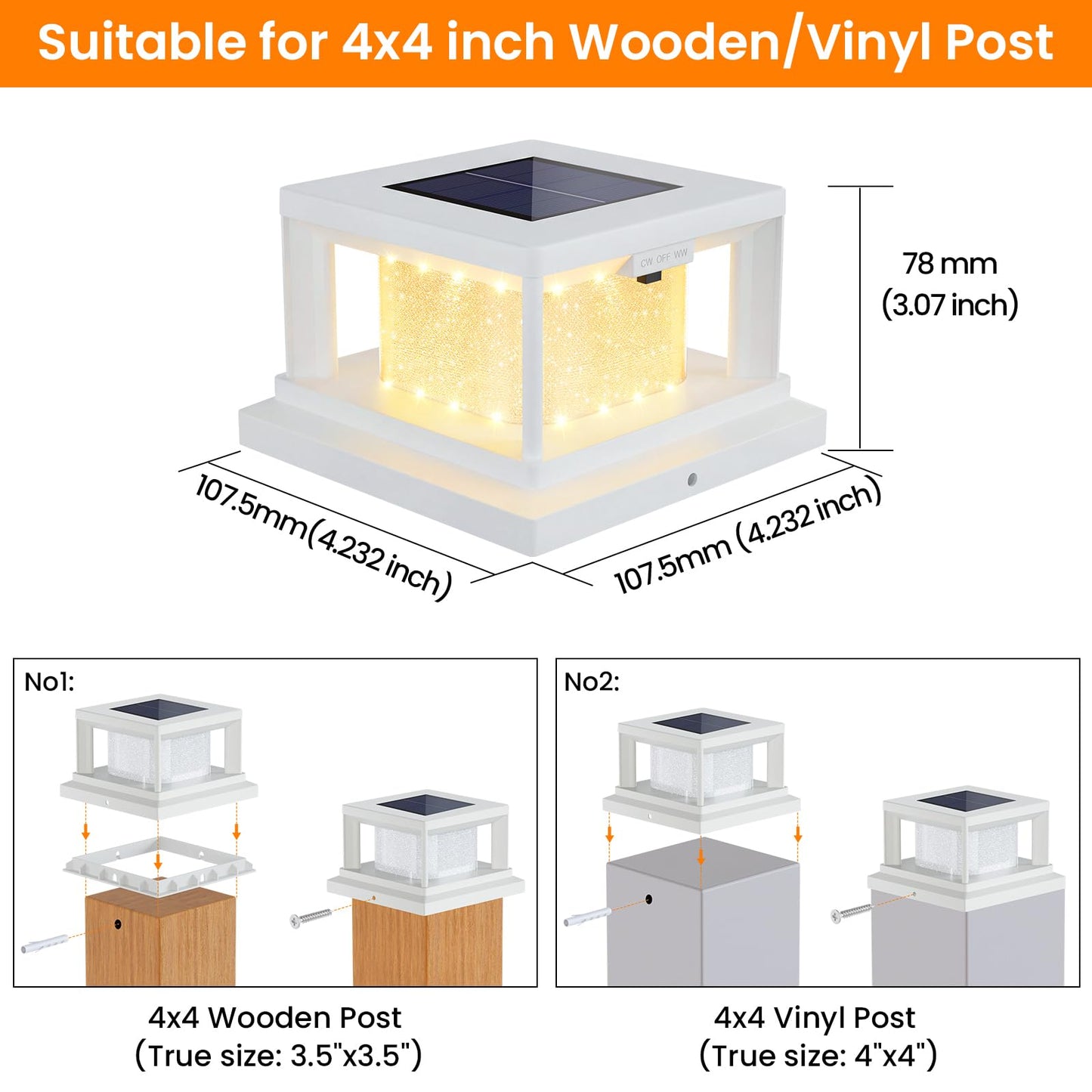 Mlambert 8 Pack Solar Post Lights Outdoor, 2 Modes LED Fence Cap Light for 4x4 Post, Waterproof Deck Light Patio Garden Decor, Warm/Cool White, White