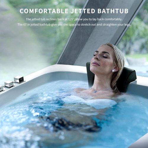 Empava 67” Whirlpool Bathtub with Chromatherapy, Hydrotherapy Jetted Bathtub with Glass Panel, 11 Jets,3-Side Apron,67 Gallons,ETL Certified, White