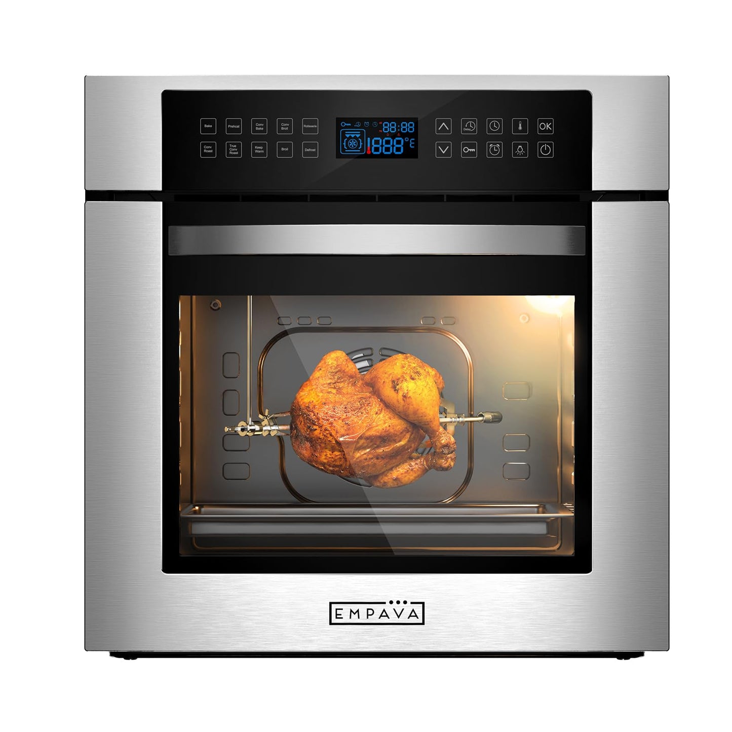 Empava 24 Inch Electric Single Wall Oven 10 Cooking Functions Deluxe 360° ROTISSERIE with Sensitive Touch Control in Stainless Steel