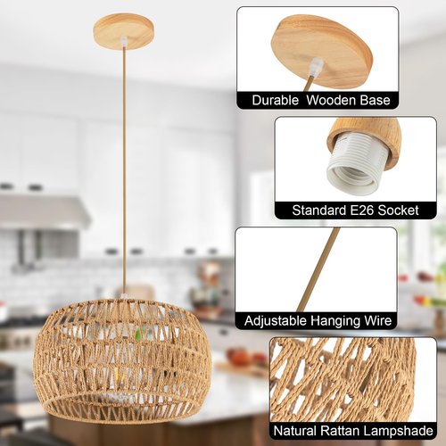 OCWHT Rattan Pendant Light Fixture Ceiling Bohemian Chandelier Flush Mount Hanging Light 12.99-inch Small Woven Lamp Shade Wooden Base Basket for Kitchen Island Hallway Bedroom Dinning Table