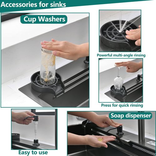 Kitchen Sink Black Luxury Waterfall Kitchen Sinks Modern Multifunctional Stainless Steel Sink With integrated faucet, cup washer, soap dispenser included (Black, 34 * 18in)