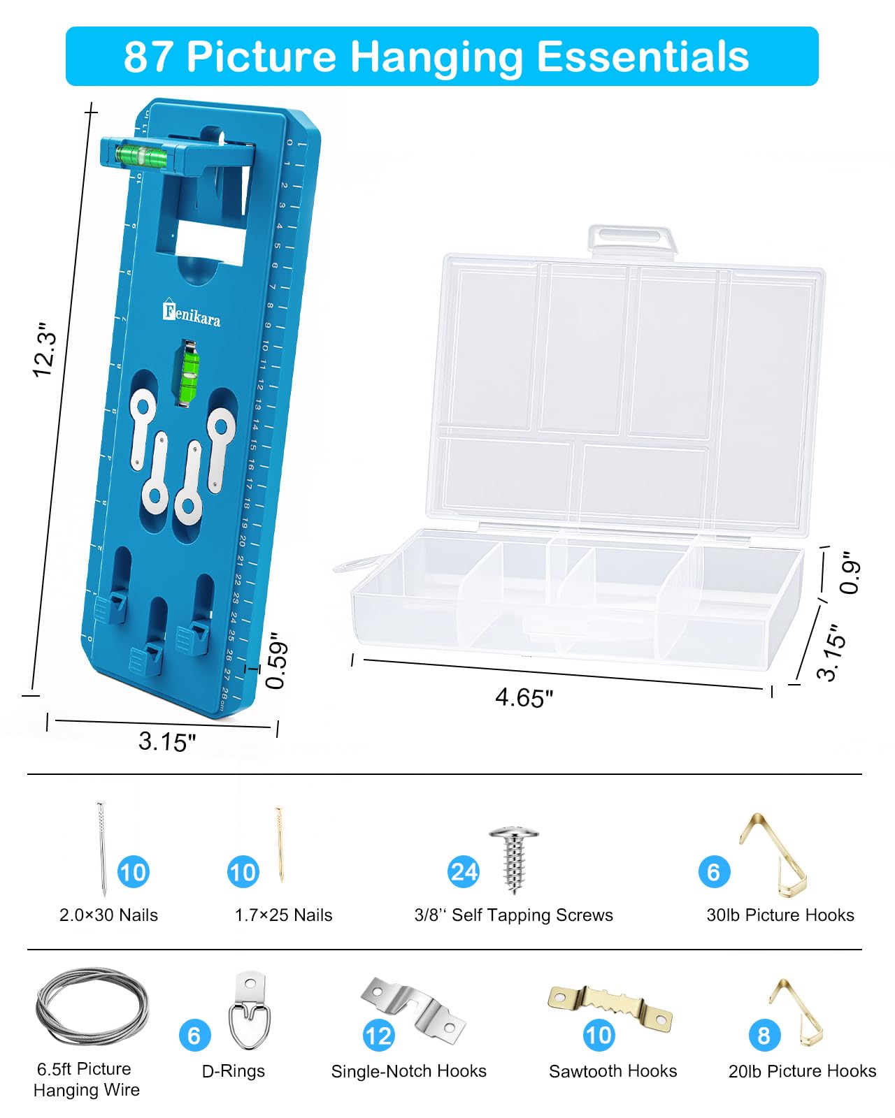 Picture Hanging Kit with Level, Upgraded Picture Hanging Tool, 86Pcs Picture Hangers with Heavy Duty Picture Hanging Hooks, Sawtooth, Wire, Nails, Wall Hangers for Frame, Painting, Art, Photo