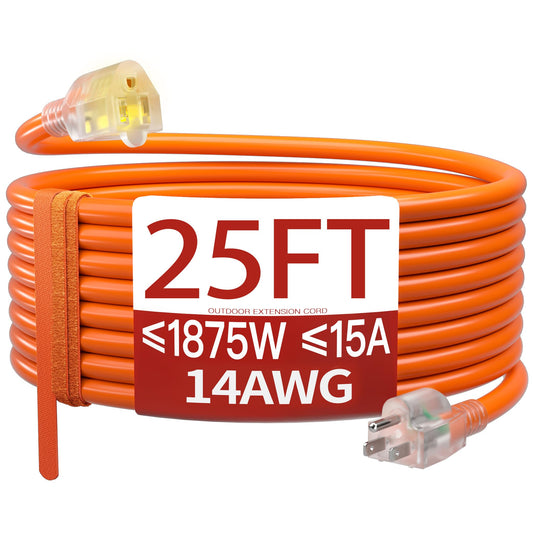 25 FT 14/3 Extension Cord Outdoor, Heavy Duty Weatherproof & Flame Retardant Orange 3 Prong Power Cord with Light, Outside for Lawn & Garden, 15 Amps 1875 Watts 125 VAC 14AWG SJTW, ETL Listed