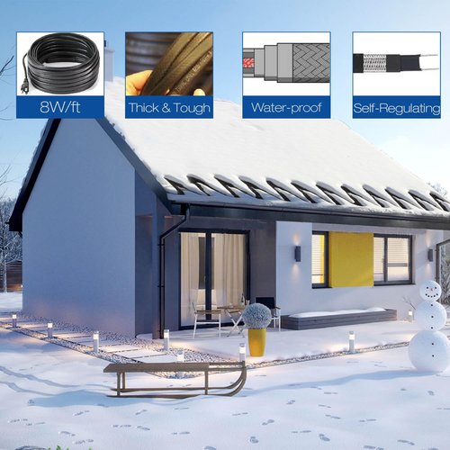 H&G Lifestyles Roof Heat Cable Snow De-icing Kit Self-Regulating Plug-in Ready Heat Tape for Roof and Gutters Ice Dam Prevention 8W/ft 140ft