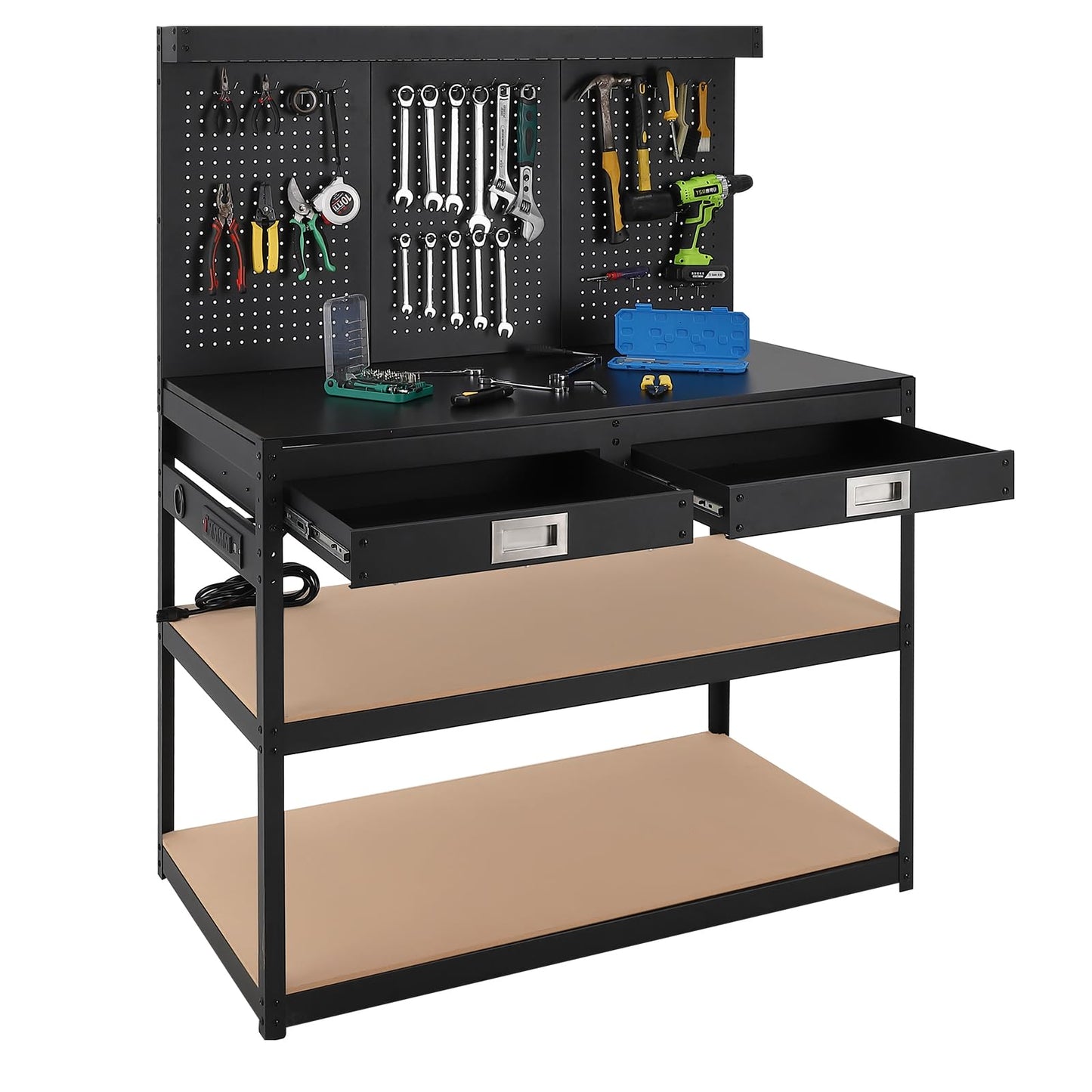 FinerFurnis 3-Tier Metal Workbench with 2 Drawers, Heavy Duty Workstation with Power Outlets and Pegboard, Durable Workshop, Office, and Home Work Bench