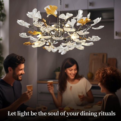Modern Chandelier for Dining Room, Modern D31.5" Ginkgo Leaf Black Tree Branch Chandelier, Farmhouse Round Chandeliers Over Dining Table, Glass Lights for Living Room Bedroom Kitchen Island, 10-Light