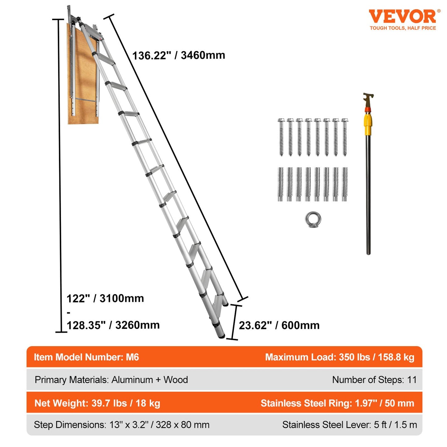 VEVOR Attic Ladder Telescoping, 39.37" x 23.6", Multi-Purpose Aluminium Extension, 350Lbs Capacity, Lightweight and Portable, Fits 10.1'-10.7' Ceiling Heights, Convenient Access to Your Attic Standard