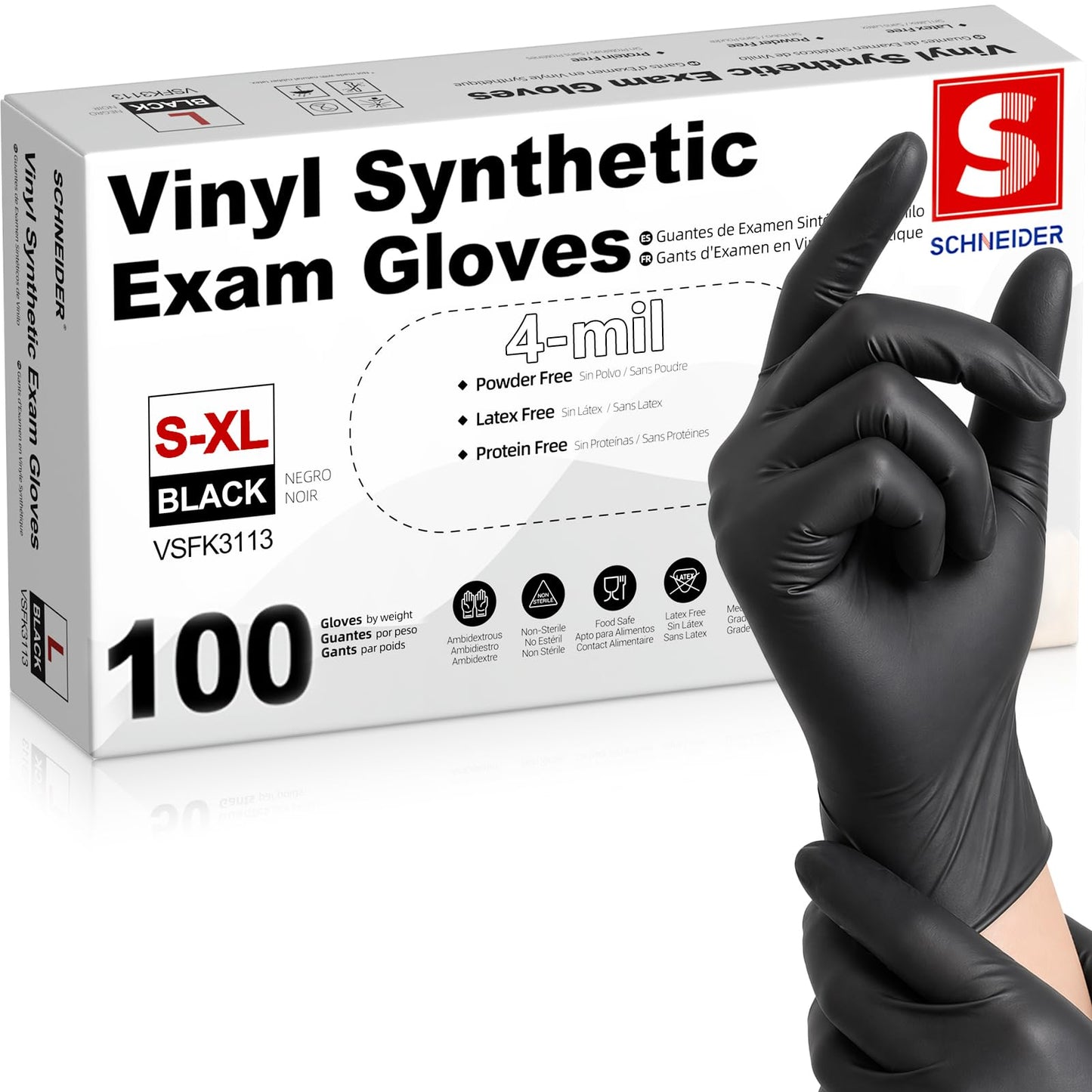 Schneider Black Vinyl Exam Gloves, 4mil, Disposable Gloves Latex-Free, Plastic Gloves for Medical, Cooking, Cleaning, and Food Prep, Sizes Medium