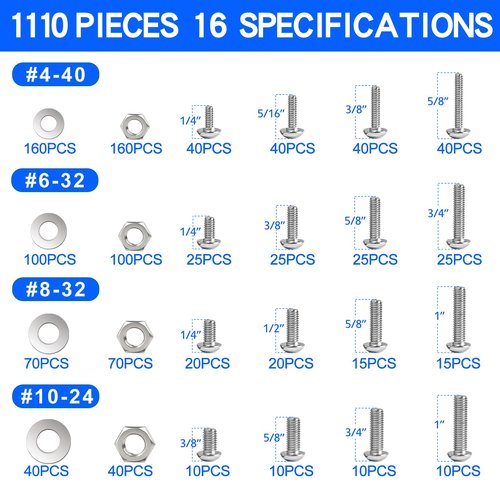 1110PCS Nuts and Bolts Assortment Kit, Stainless Steel Hardware Assortment Kit with Assorted Screws, Nuts, Bolts and Washers（#4-40#6-32#8-32#10-24）