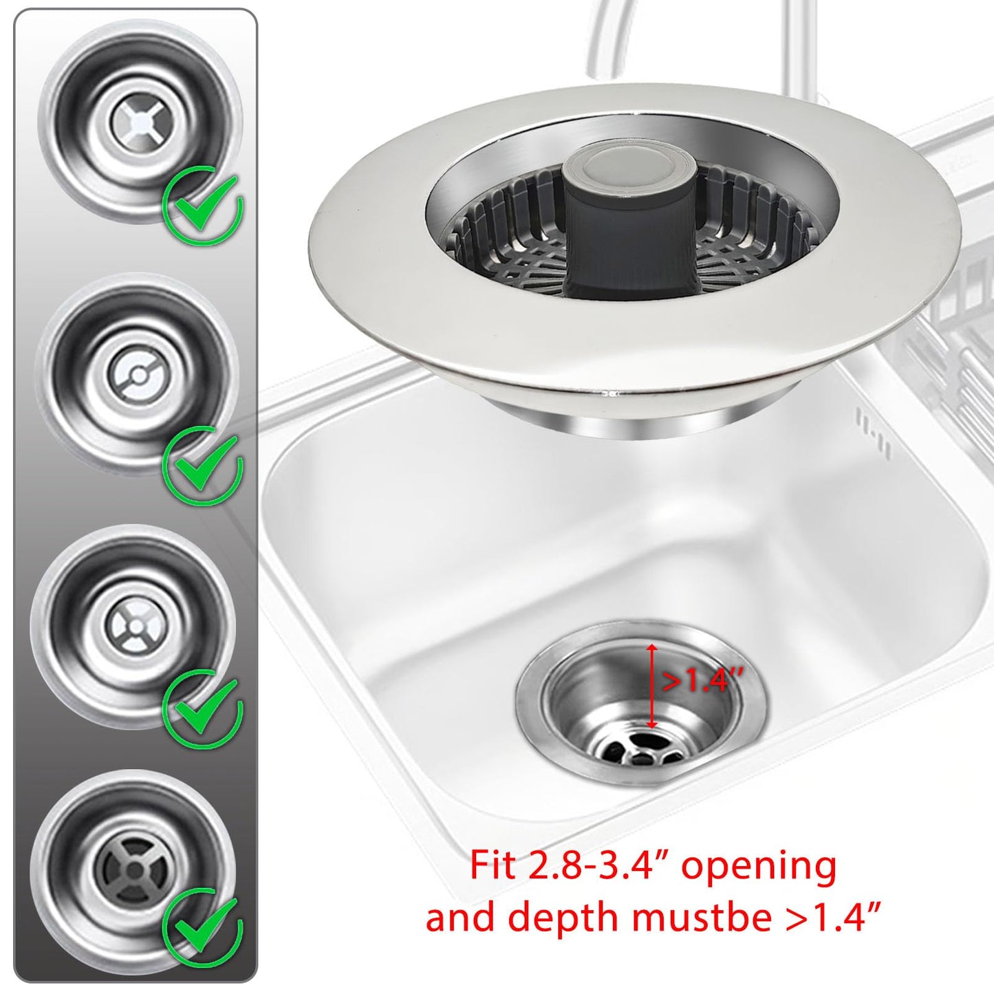 BAOLSLS 3 in 1 Kitchen Sink Stopper, Pop Up Kitchen Sink Drain Strainer, with an Extra Basket Strainer, Kitchen Sink Drain Stopper for US Standard 3-1/2 Inch, Brass Material Electroplate Silver