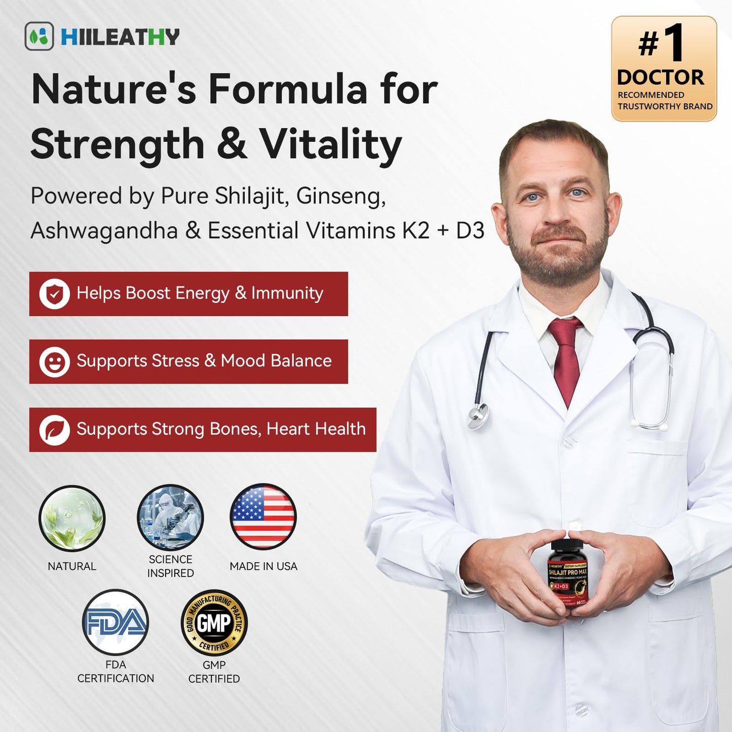 HIILEATHY Shilajit for Men Women, Shilajit w/Vitamin D3 K2, Shilajits for Men w/Fulvic Acid Ashwagandha Ginseng Root, Shilajits for Extra Power Stamina Immune Support, Non-GMO Made in US 60 Capsules