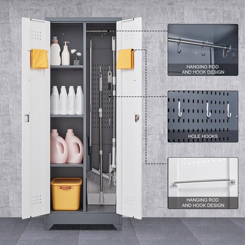 LUCYPAL Broom Closet Storage Cabinet,Utility Closet with Shelves and Hanging Rod for Brooms and Mops,Tool Cabinet for Bathroom,Kitchen,Garage,Warehouse,White&Grey,65" H