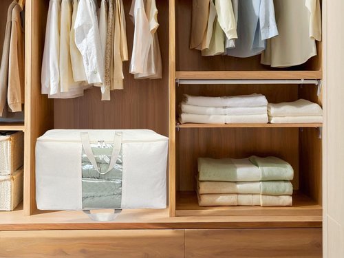 DoYiKe Soft Large Canvas Storage Bags with Zipper and Clear Window, Cotton Linen Storage Organizer for Pillows, Quilt, Blankets and Comforter, 80L, 4 Pack, Beige