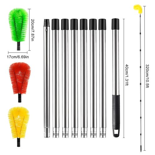 jbcgv Gutter Cleaner Tools from Ground - 10.5FT Adjustable Gutter Cleaning Brush with 3 Brush, No Ladder Needed Gutters Brush Pole for Removing Leaves, Debris/Safe Roof Cleaning