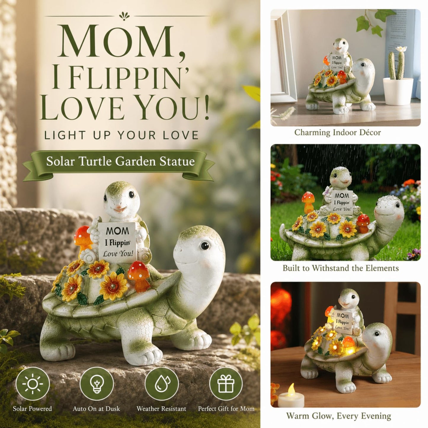 Season 2 Season Solar Turtle Garden Statue 7.5 inches, I Flippin Love You Tortoise Figurine with 7 LED Lights, Outdoor Lawn Decor for Patio, Yard, Balcony, Birthday for Mom, Grandma, Women