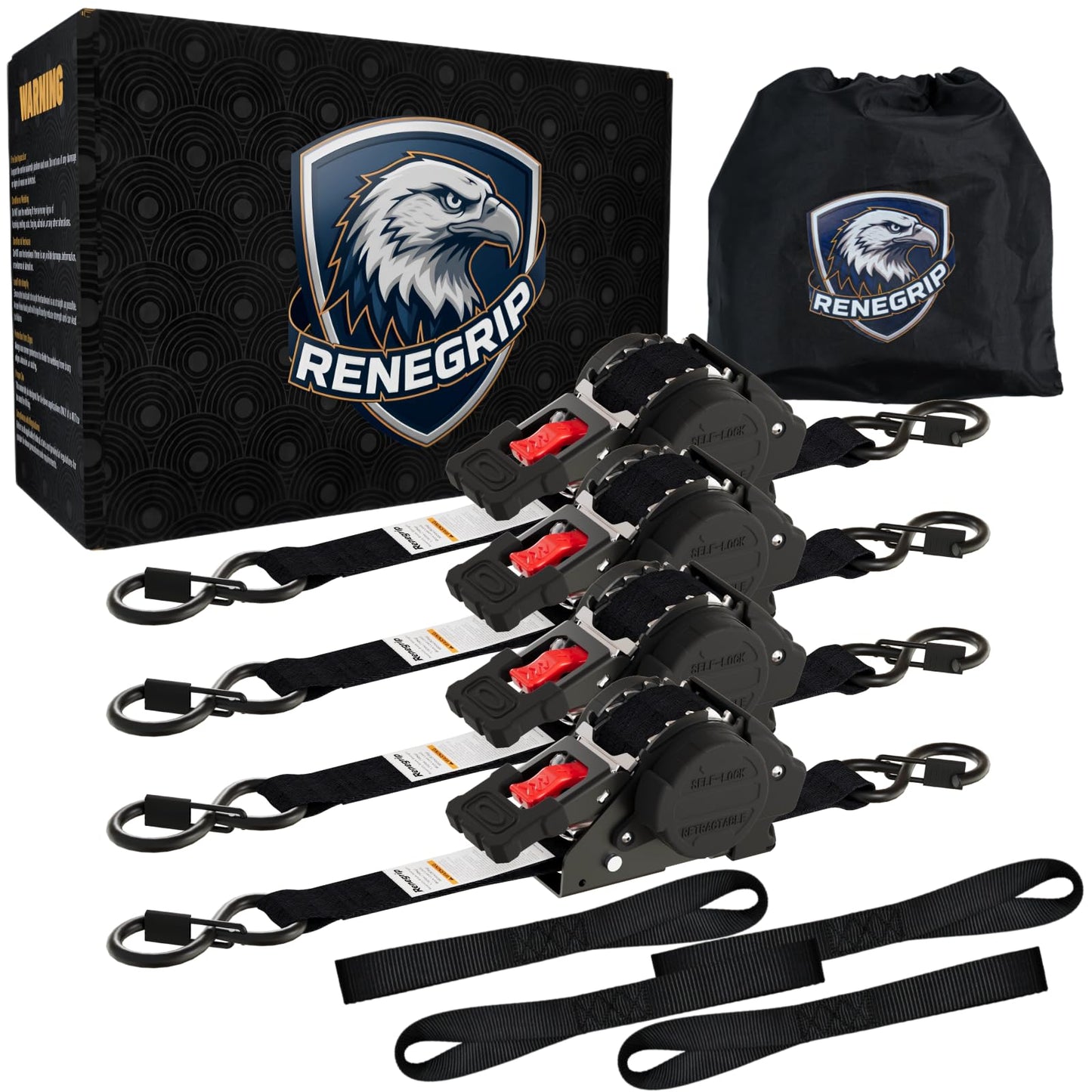 Renegrip Retractable Ratchet Straps Heavy Duty Tie Down 1''*12ft Breaking Strength 1760LBS Cargo Securing System,for Motorcycle,UTV,ATV,Trailer(Black,4Pack)