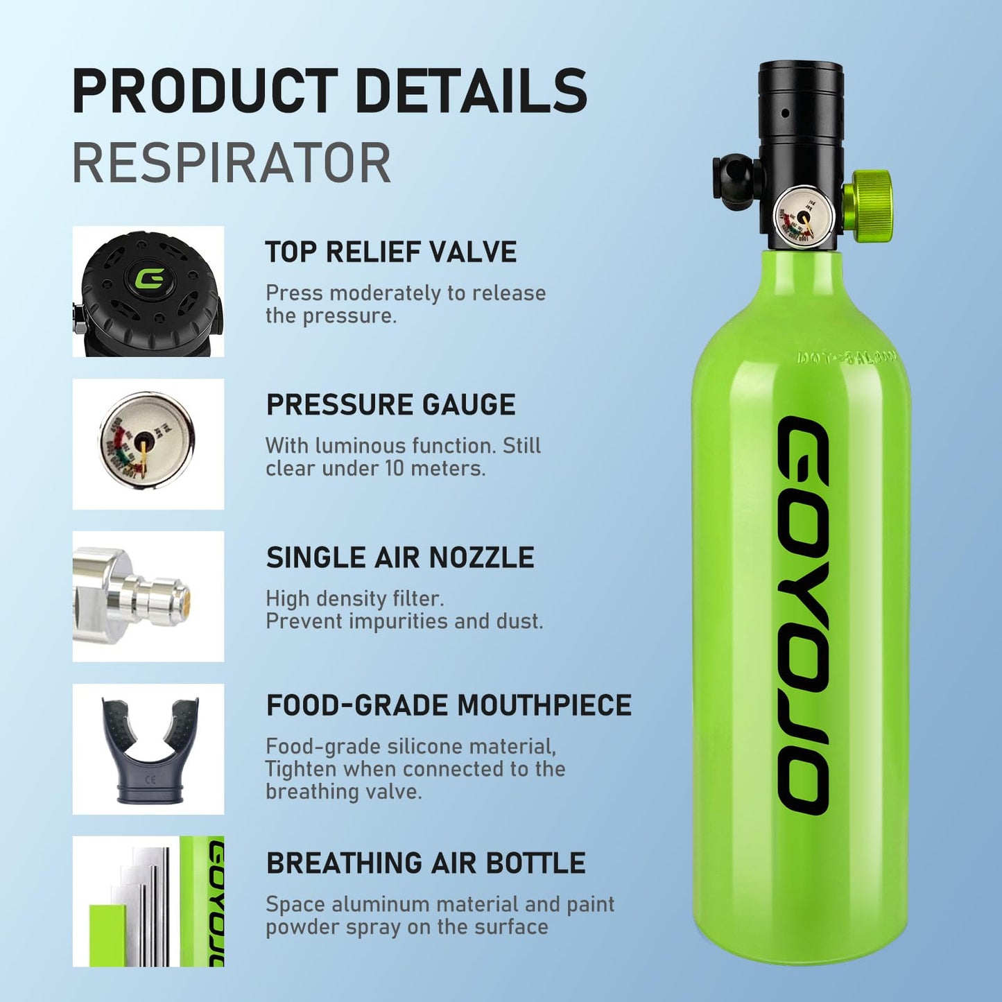 GOYOJO 1L Mini Scuba Tank with Mask – DOT Certified Portable Diving Air Tank, 3000 PSI Max Pressure, Pony Bottle Underwater Breathing Device for Snorkeling & Scuba Diving (Green)
