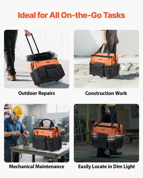 VEVOR 20" Rolling Tool Bag, 110 lbs Load Capacity, 27 Pockets Heavy Duty Roller Tool Bag on Wheels, Adjustable Telescoping Handle & Stable Base, Toolbag Organizers w/Wheels for Construction, Mechanic