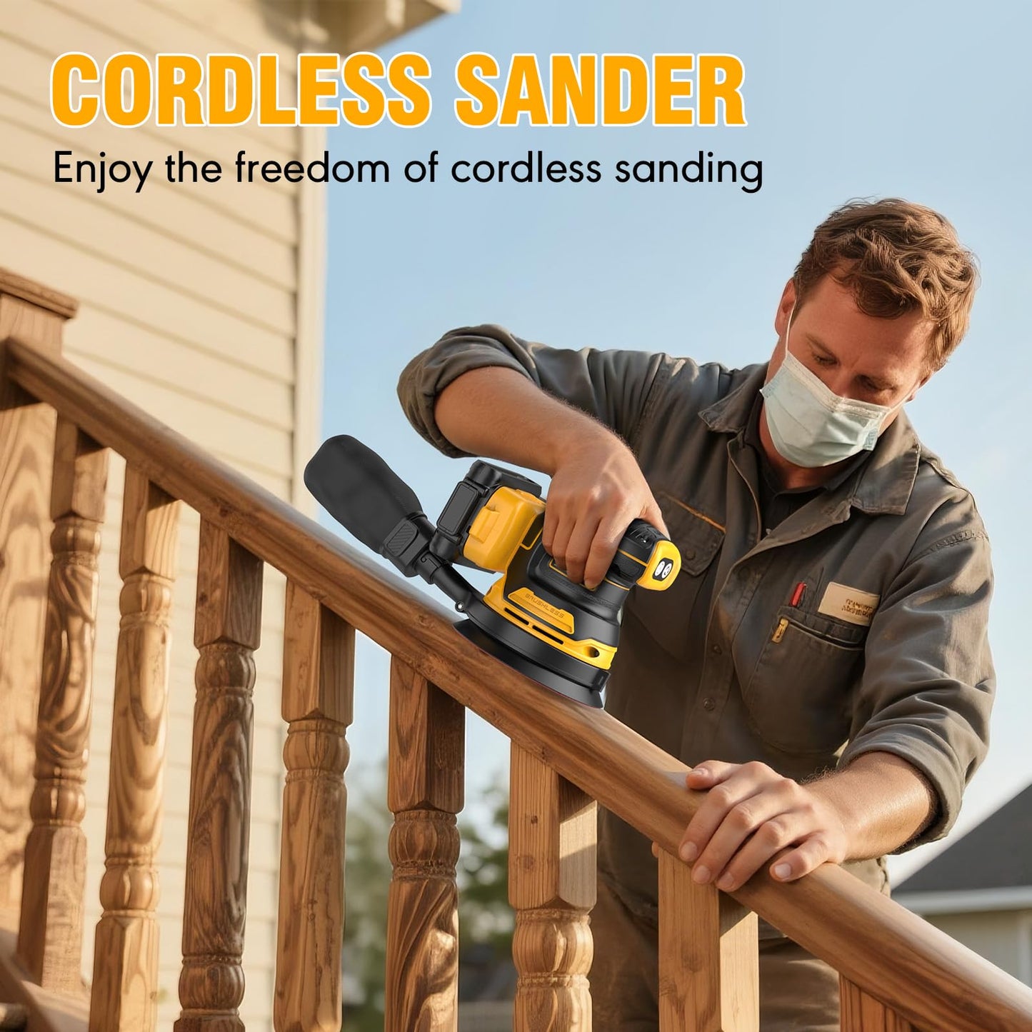Random Orbital Sander for Dewalt 20V Battery, 5" Palm Cordless Sander with 10pcs Sandpaper, 3 Variable Speeds, Dust Collector for Woodworking Polishing Sanding(Battery Not Included)
