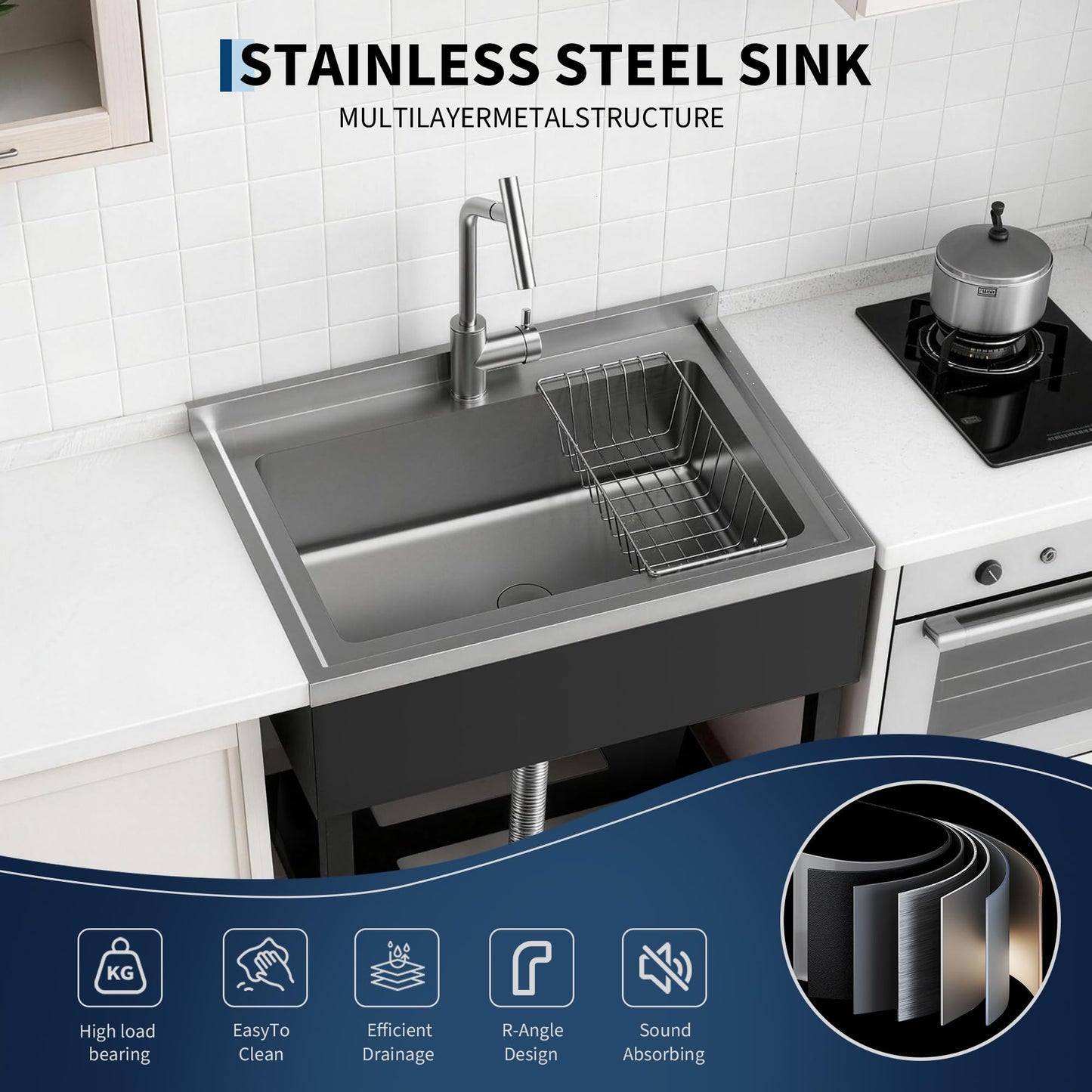 Garvee Commercial Sink, 36x20x39 Inch Freestanding Stainless Steel Utility Sink with t-Shaped Faucet, Black Large Single Bowl Prep Sink for Laundry Room, Garage, Restaurant and Outdoor