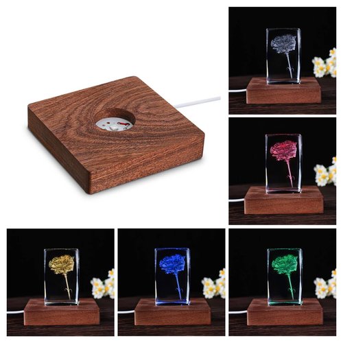 ZEERSHEE Colorful LED Wood Light Base for 3D Crystal Glass Resin Art Brown Square Lamp Stand for Tabletop, Cabinet, Bedside Display