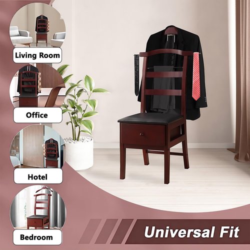 ZCXBHD Suit Valet Stands for Women and Men with Drawer Freestanding Clothes Rack with Trouser Bar and Tie Bar Wooden Chair Valet Stand(Brown AA)