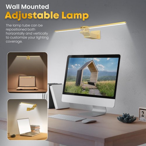 doublacy 2 Pack Picture Light for Wall, 18in Rechargeable Wall Art Light with Timer and Dimmable, Painting Frame Light with Remote Control Display for Painting, Frame, Portrait, Dartboard (Gold)