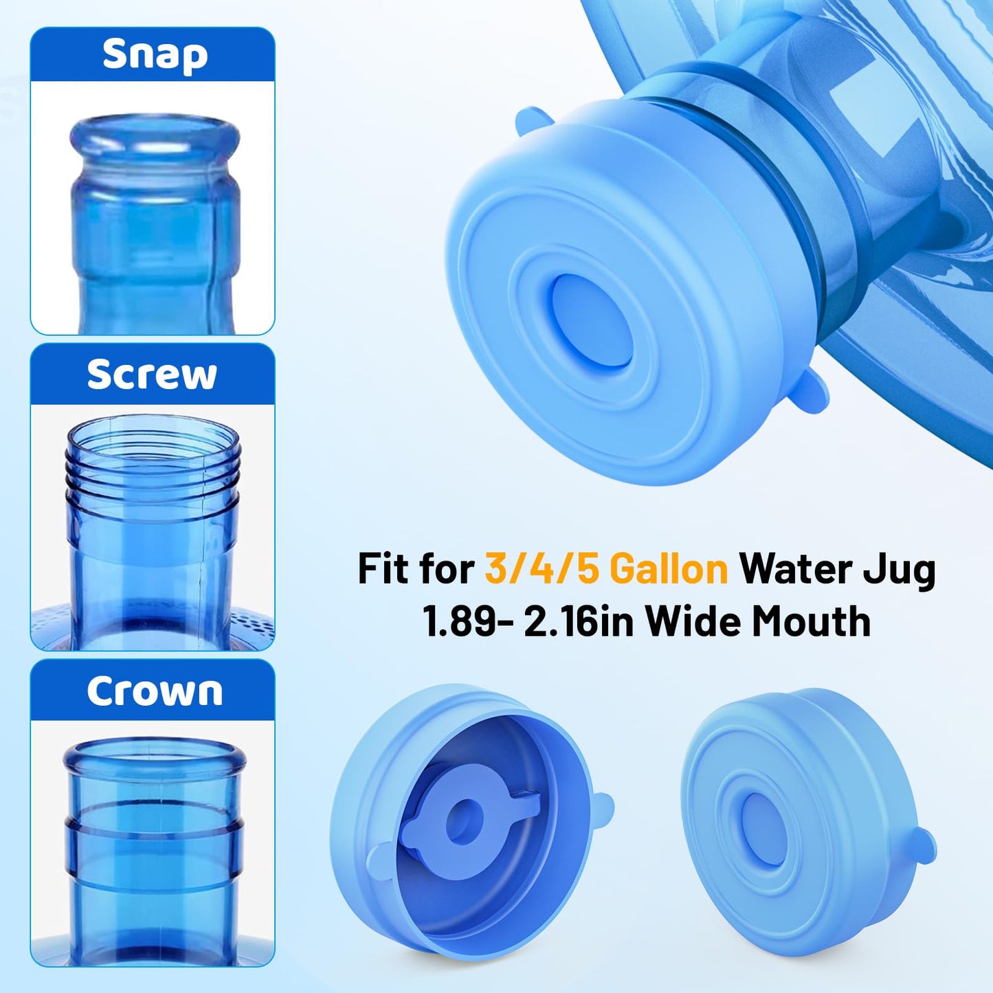 Myvision Reusable 3-5 Gallon Water Jug Caps, Secure Cap for Water Dispenser,No Spill Silicone Replacement Cap,Suitable for bottle mouths with diameters ranging from 1.89 to 2.16 inches (5)