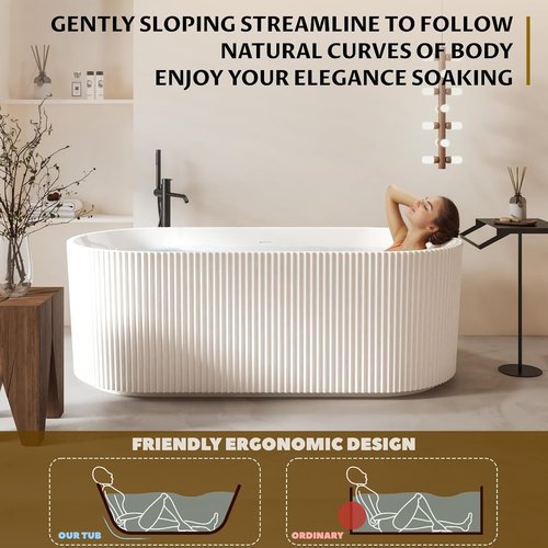67" Free Standing Tub, Standalone Soaking Pleated Bathtub, Easy Install Freestanding Bathtub, Modern Design for Bathrooms, White