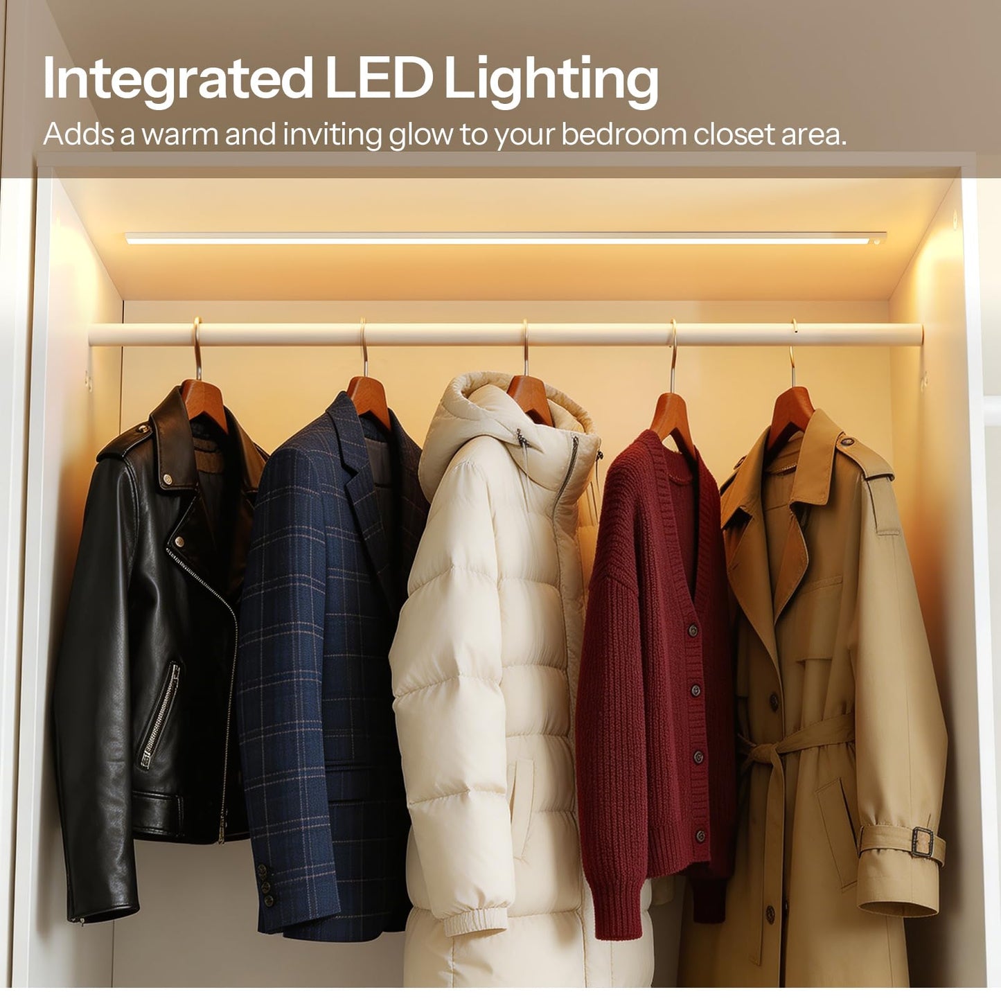 HOOBRO Closet System with 3 Extendable Rods, 6 to 9FT Closet Organizer with 4 Drawers, LED Light Strip, Built in Closet Organizer System, Adjustable Cloth Garment Rack for Cloakroom, White