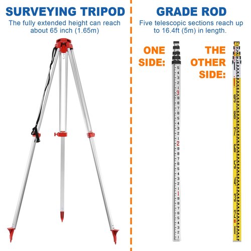 Iglobalbuy Self Leveling Rotary Laser Level System Kit with Surveying Tripod + Aluminum Grade Rod 16.4Ft, Red Beam Automatic Self-leveling Transit Laser Level Grading Rotating Lasers for Construction