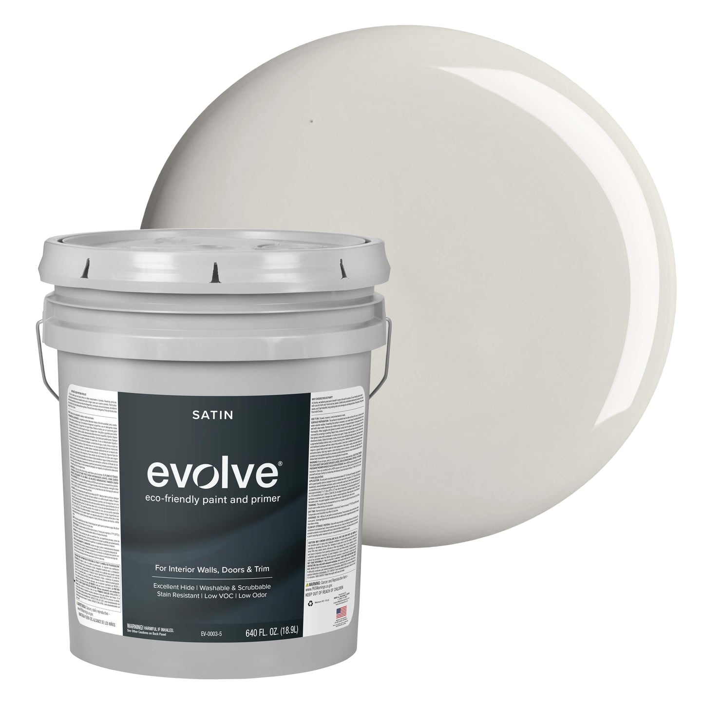 EVOLVE Interior Paint & Primer, Satin (Featherstone), 5 Gallon – Available in 50+ Colors, One-Coat Coverage, Excellent Hide, Low VOC, Low Odor, Washable Interior Paint