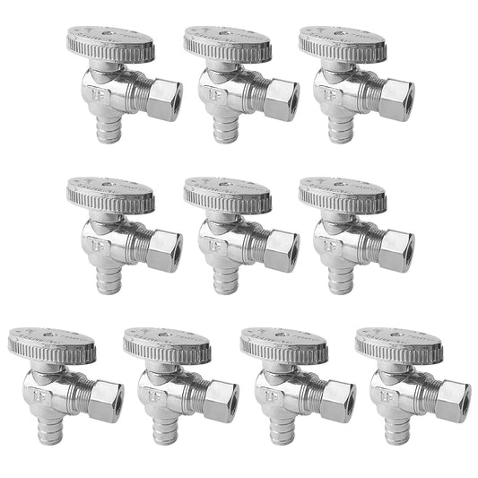SUNGATOR 10-Pack Angle Stop Valve, 1/2" PEX x 3/8" OD Compression, Quarter Turn Chrome Plated, 1/2 inch Pex Shut Off Valves for Faucet and Toilet, UPC Certified