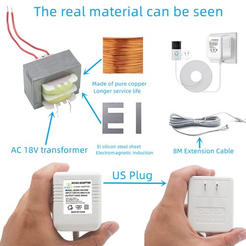 Video doorbell Special Power Transformer, 18V500MA Ring doorbell Power Adapter, Compatible with Ring, Nest, Eufy, Wyze, Arlo Wireless Video doorbell (with 315in Cable White)