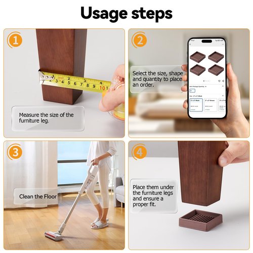 Non Slip Rubber Furniture Pads 3 inch 4PCS, Couch Bed Stoppers to Prevent Sliding, Furniture Coasters, Non Skid Furniture Grippers for Hardwood Floors Brown Square