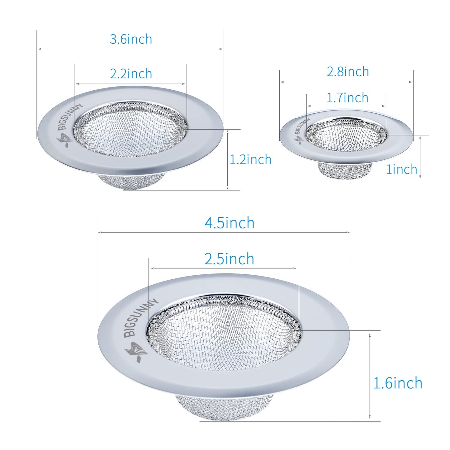 Mesh Sink Strainer Set of 3, MSY BIGSUNNY Stainless Steel Kitchen Sink Strainer Kitchen Drain Strainer with Large Wide Rim(4.5"+3.6"+2.8" Diameter) for Kitchen Sinks