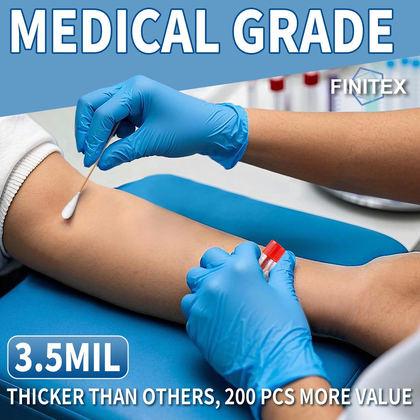 FINITEX Blue Disposable Nitrile Exam Gloves - 200 PCS/BOX 3.5mil Rubber Powder-Free Latex-Free Medical Examination Home Cleaning Food Gloves, MEDIUM